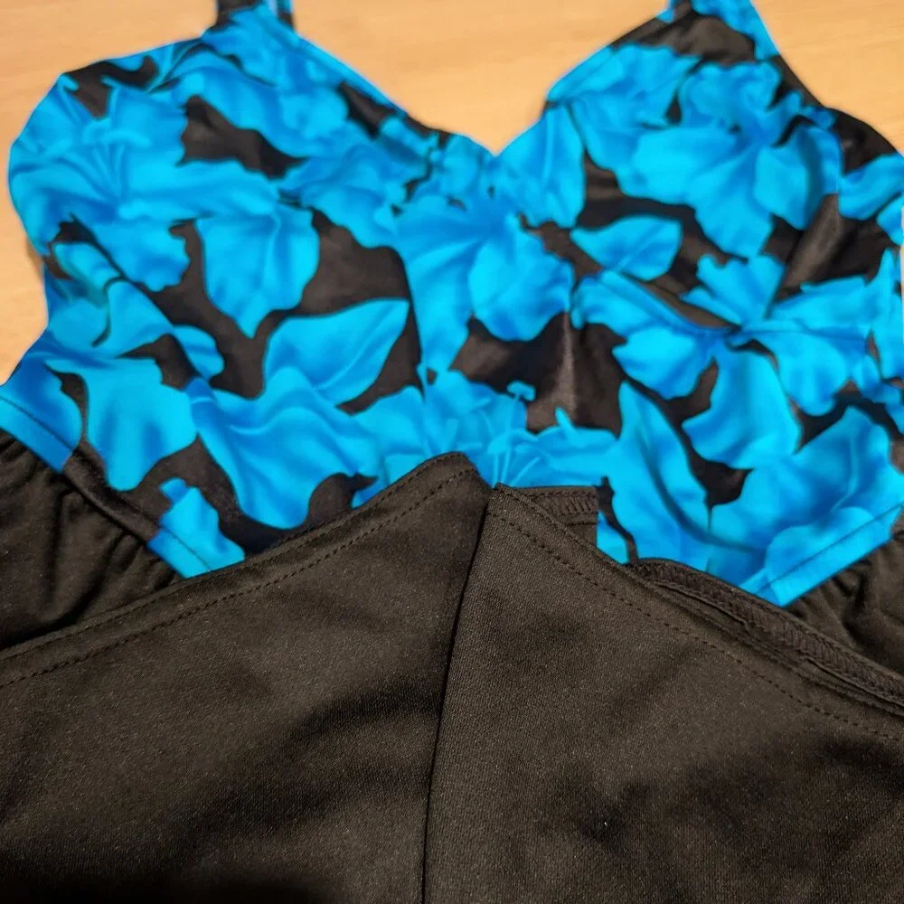 14 Vintage Pacific Connections One Piece Romper Floral Blue Black soft bra Swim